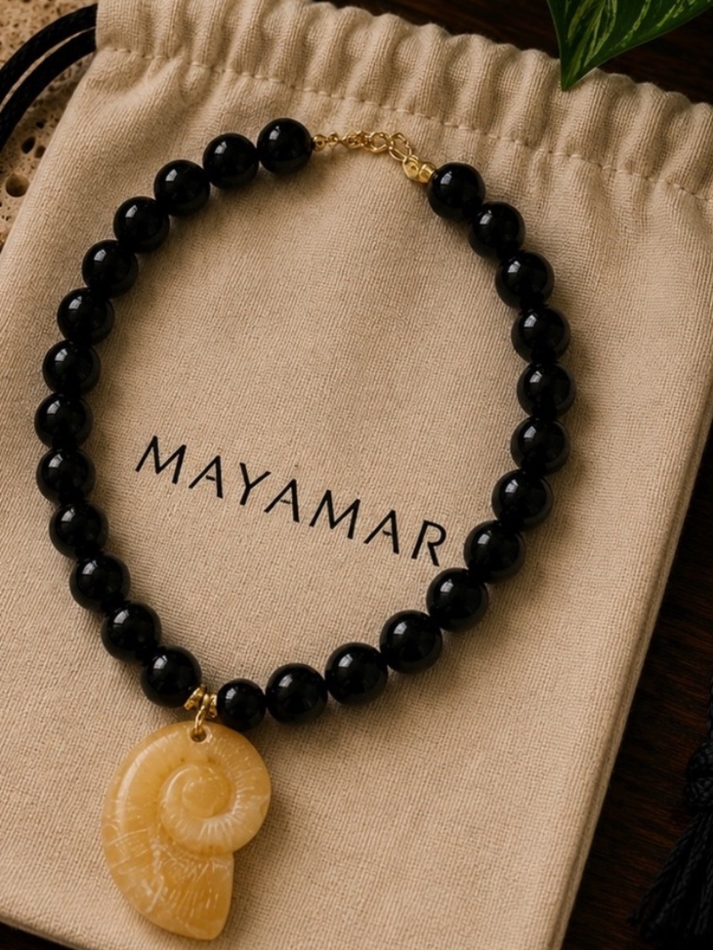 Mayamar Black Bead Necklace with Large Yellow Shell Pendant (nwt)